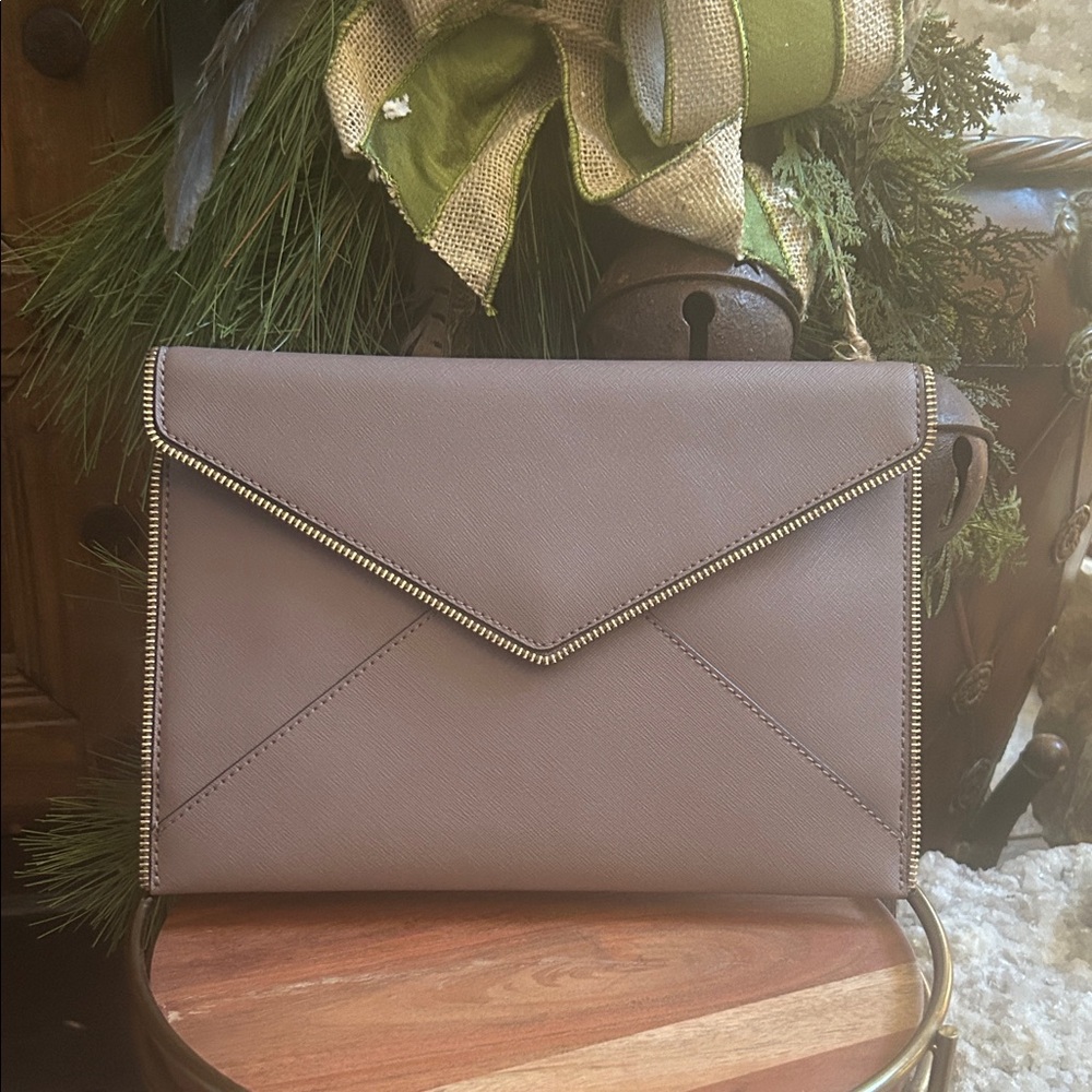Rebecca Minkoff Leo envelope clutch in blush pink saffiano leather